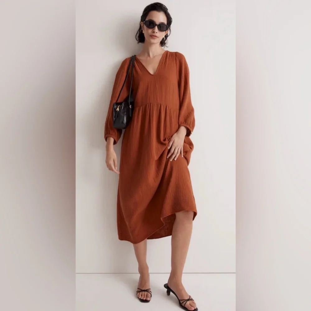 Madewell Rust Brown V-Neck Midi Dress - Picture 1 of 8